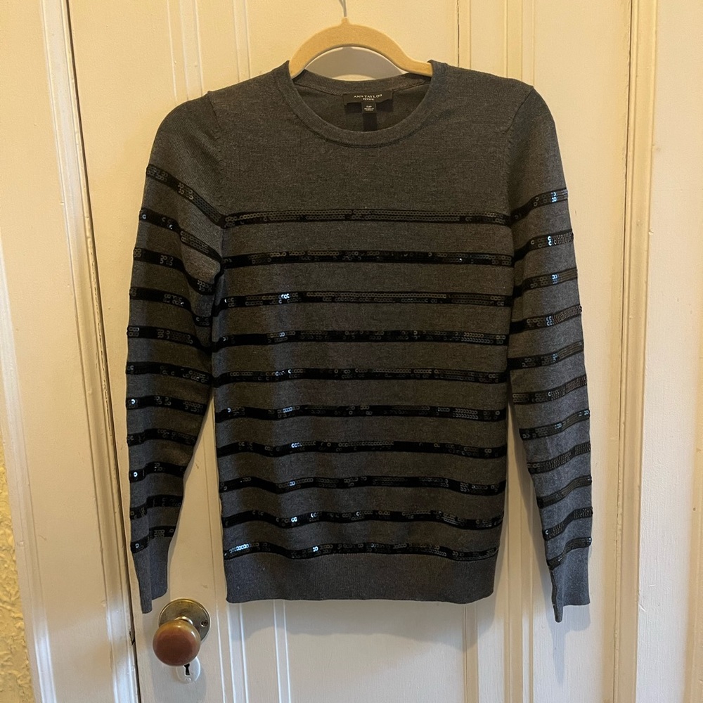 Ann Taylor long sleeve gray sweater with sequin stripes in front